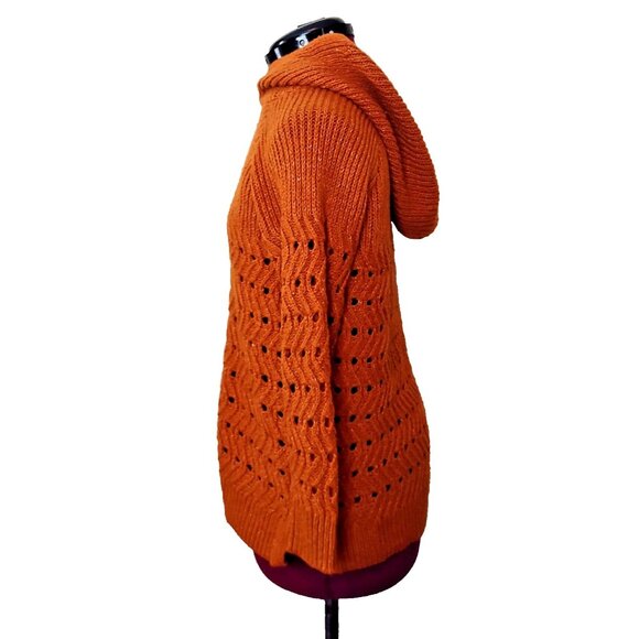 Maurices Hooded Sweater Women’s Size Large Brown Open Knit Tunic Pullover Hoodie - Picture 4 of 7
